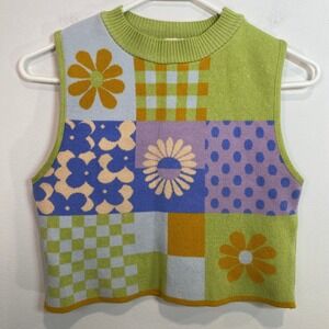 Debut Knit Sweater‎ Vest Floral Patchwork Sleeveless Crop Top Colorful M/L